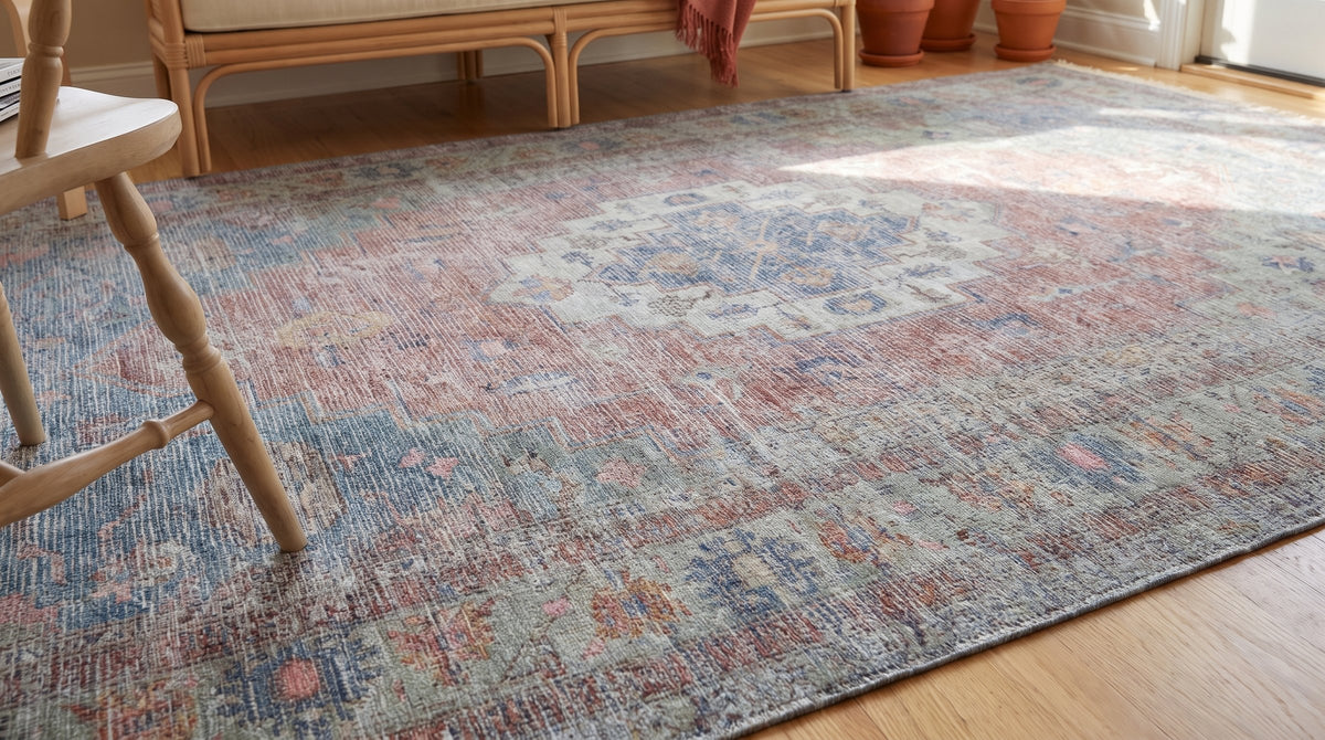 Ember Heritage Blue Handmade Wool Rug in a sunroom
