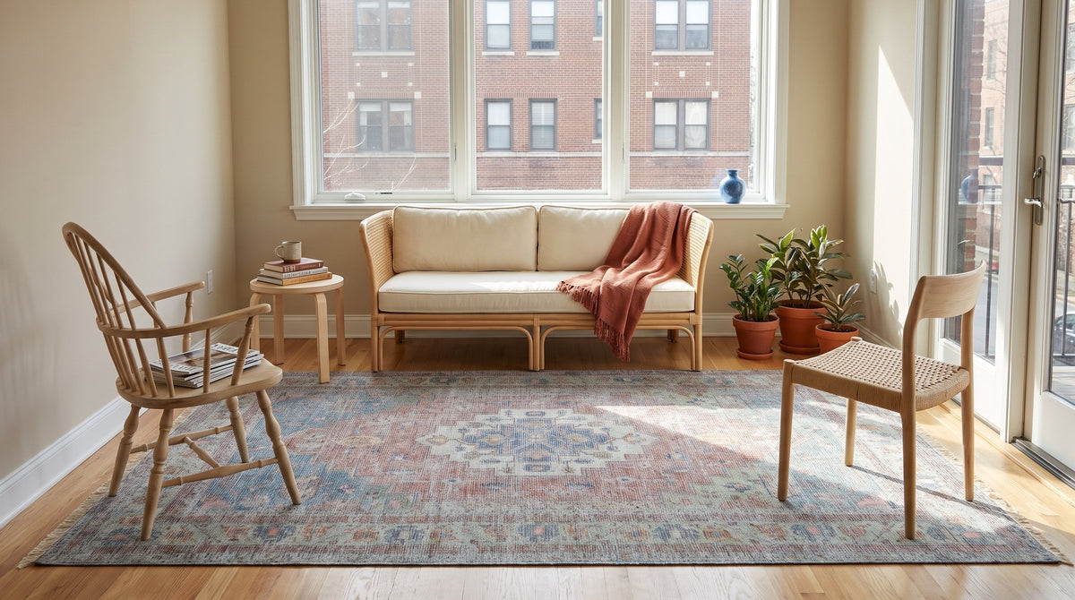 Ember Heritage Blue Handmade Wool Rug in a sunroom