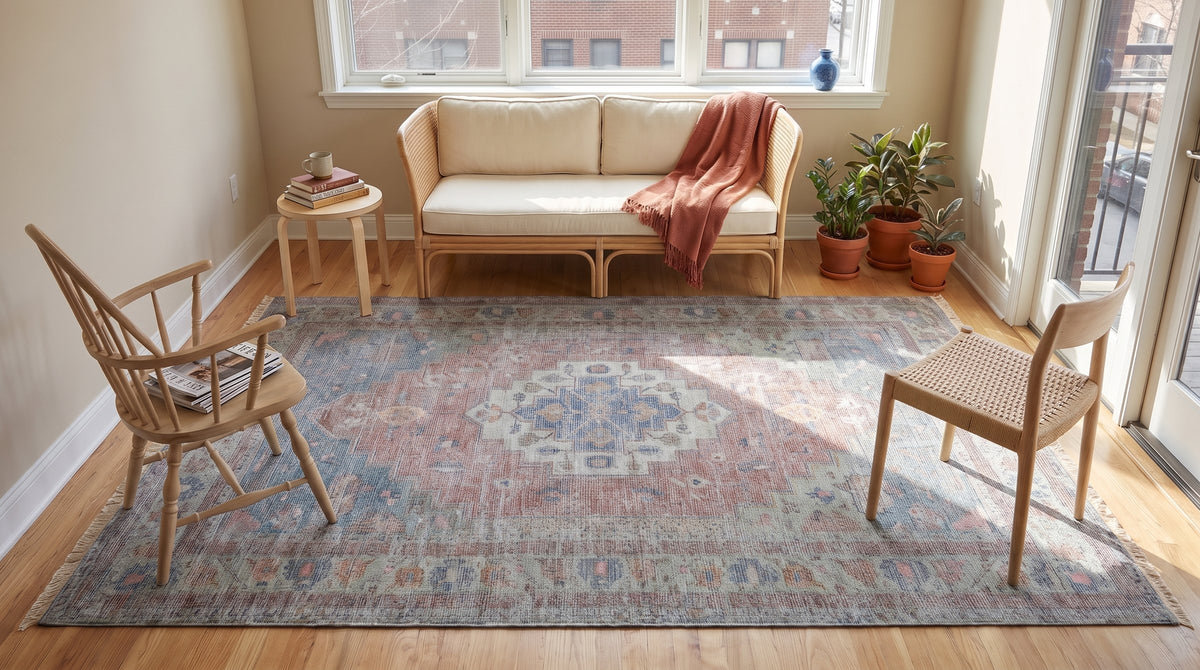 Ember Heritage Blue Handmade Wool Rug in a sunroom