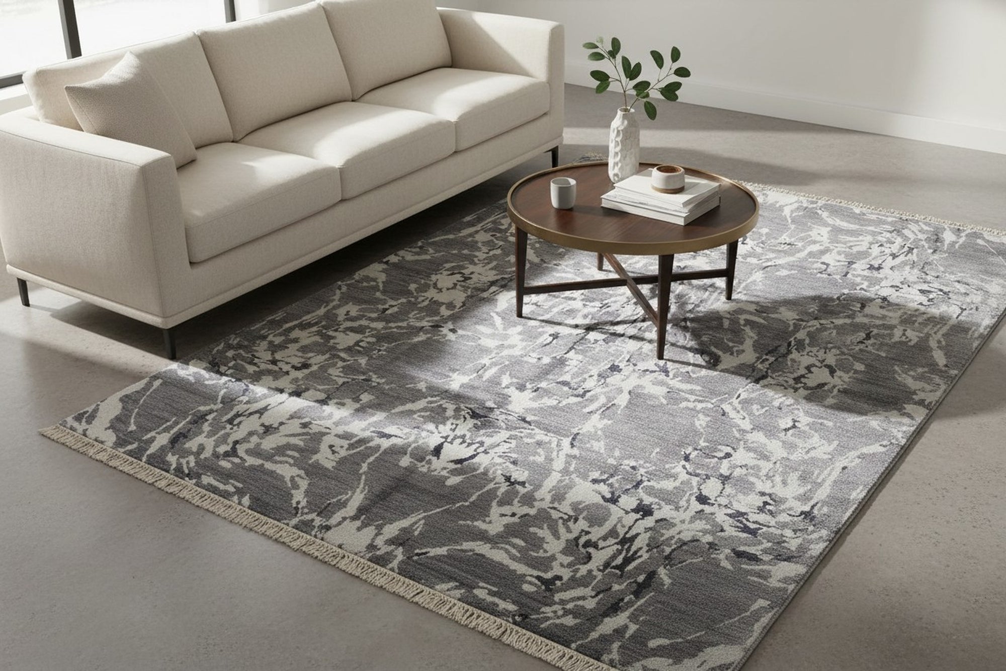 Emery gray modern floral hand-knotted wool and bamboo silk rug MR7926GY styled in a room setting