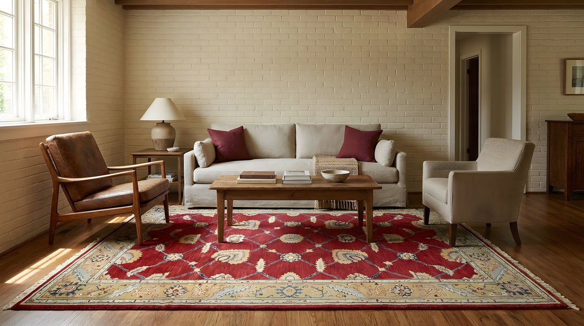 Enchanting Oushak Red Hand Knotted Wool Rug in a living room