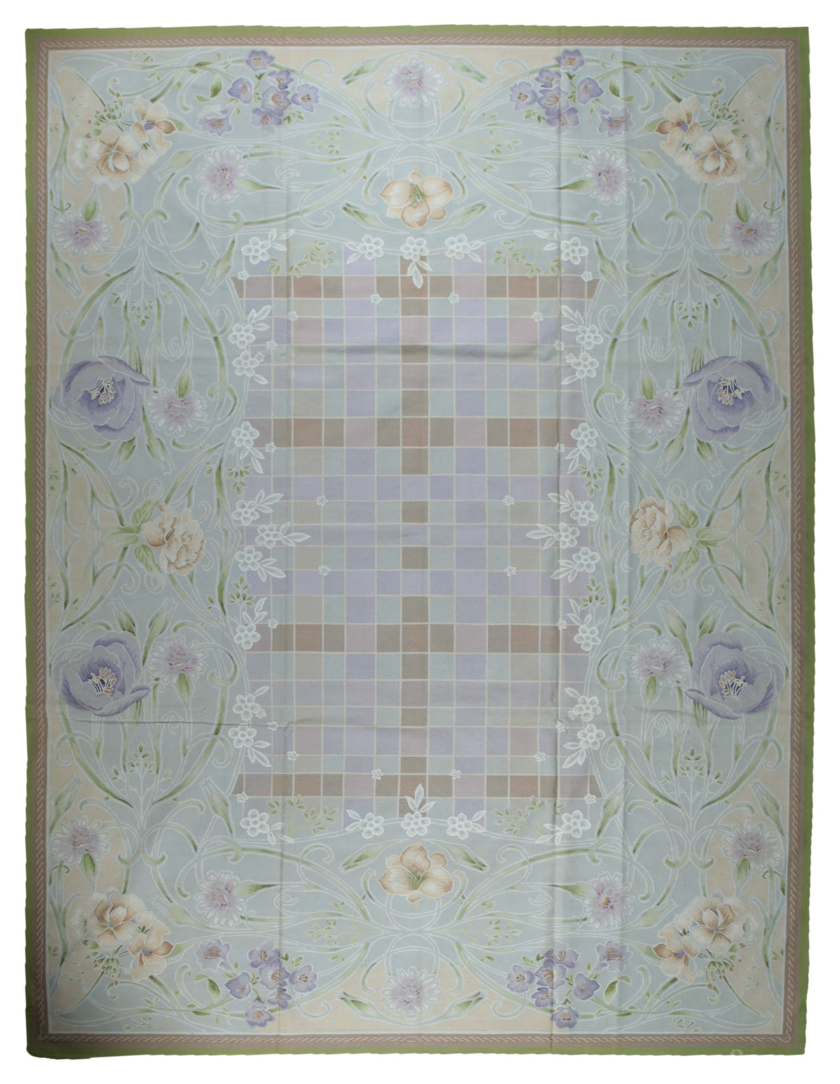 Vintage Aubusson flat weave rug, full view