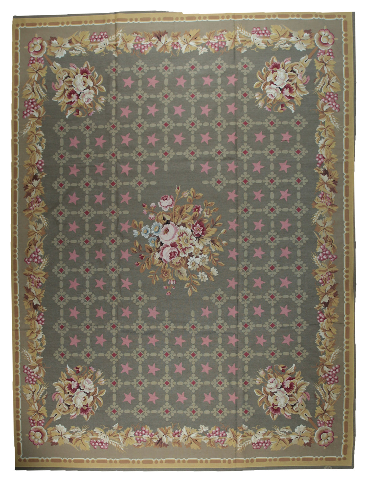 Vintage Aubusson flat weave rug, full view