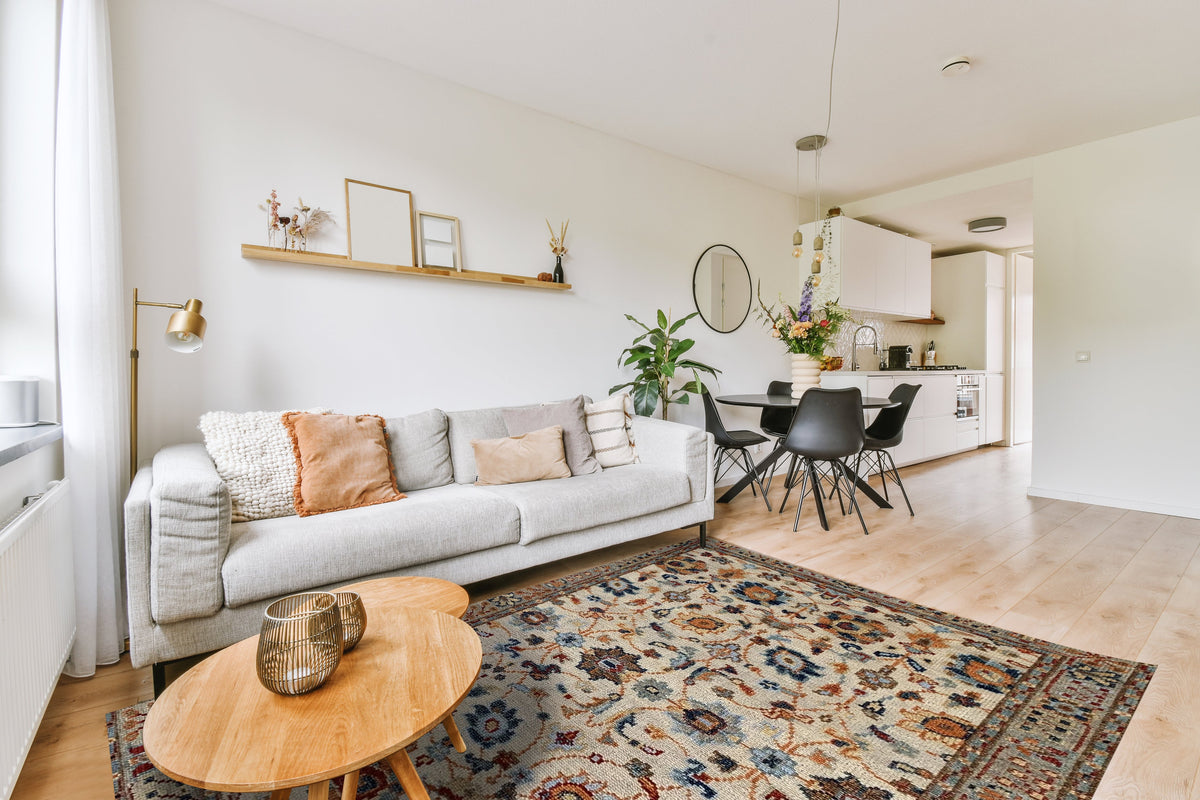 6x9 iris oushak beige hand knotted wool rug in a room