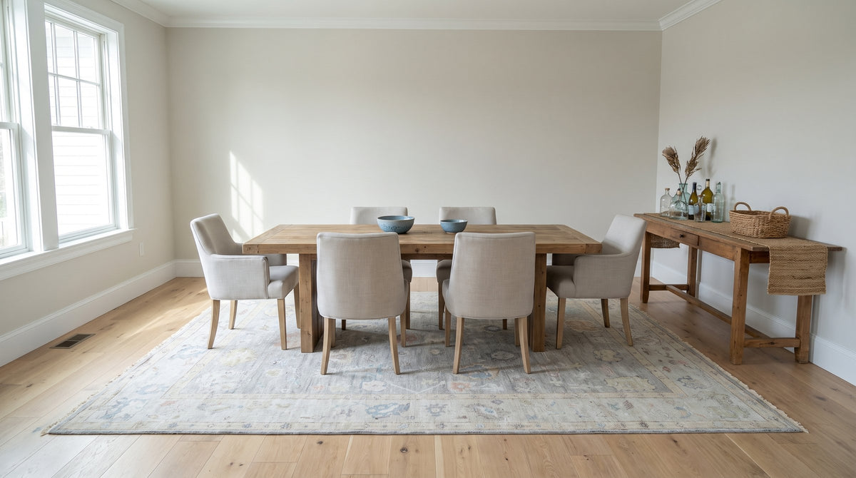 Exquisite Celia Beige Hand Knotted Silk Rug in a dining room