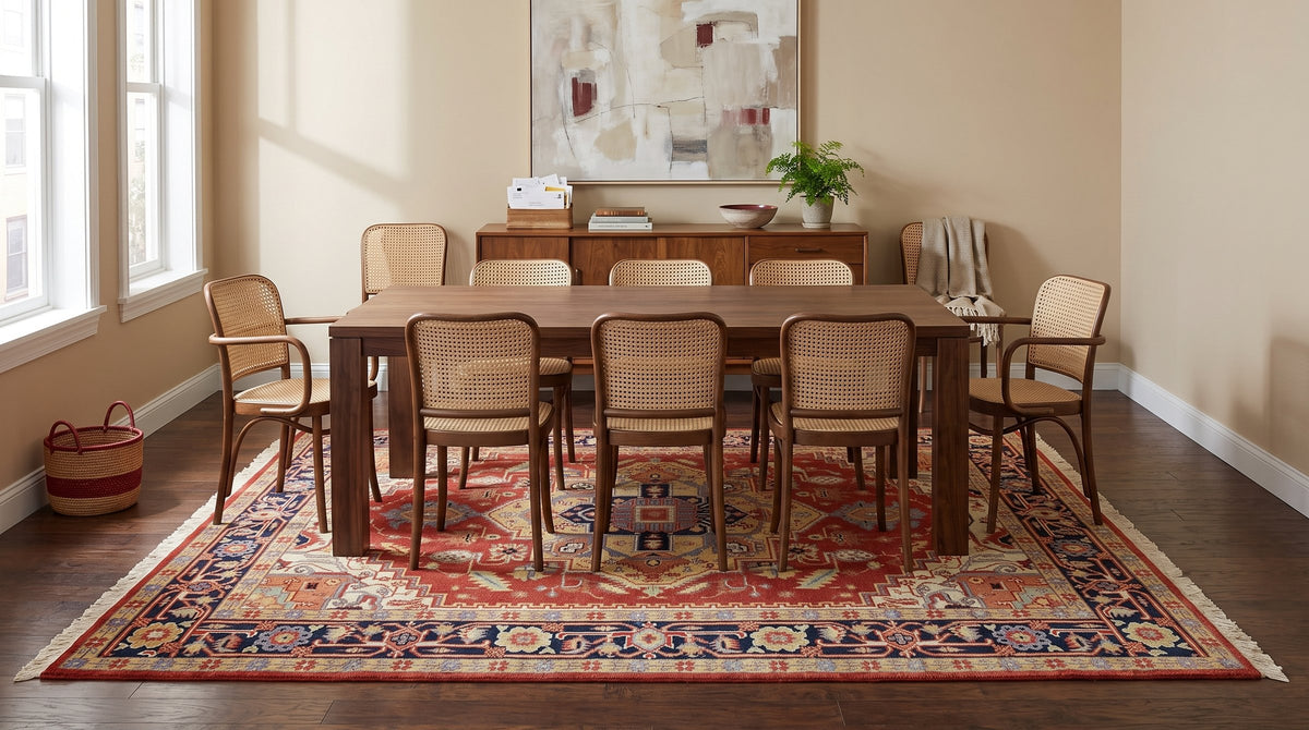 Exquisite Traditional Red Hand Knotted Wool Rug in a dining room