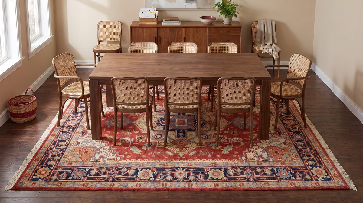 Exquisite Traditional Red Hand Knotted Wool Rug in a dining room
