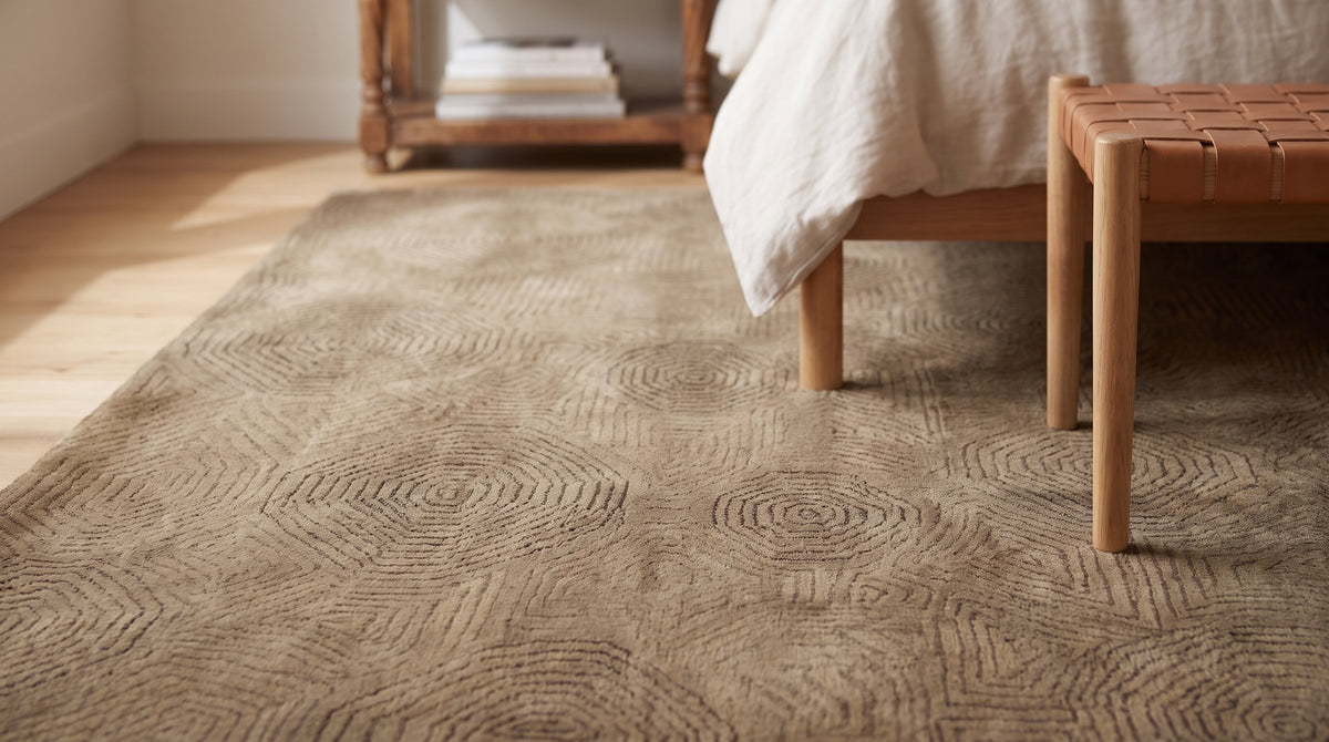Exquisite Yara Brown Hand Knotted Wool Rug in a bedroom