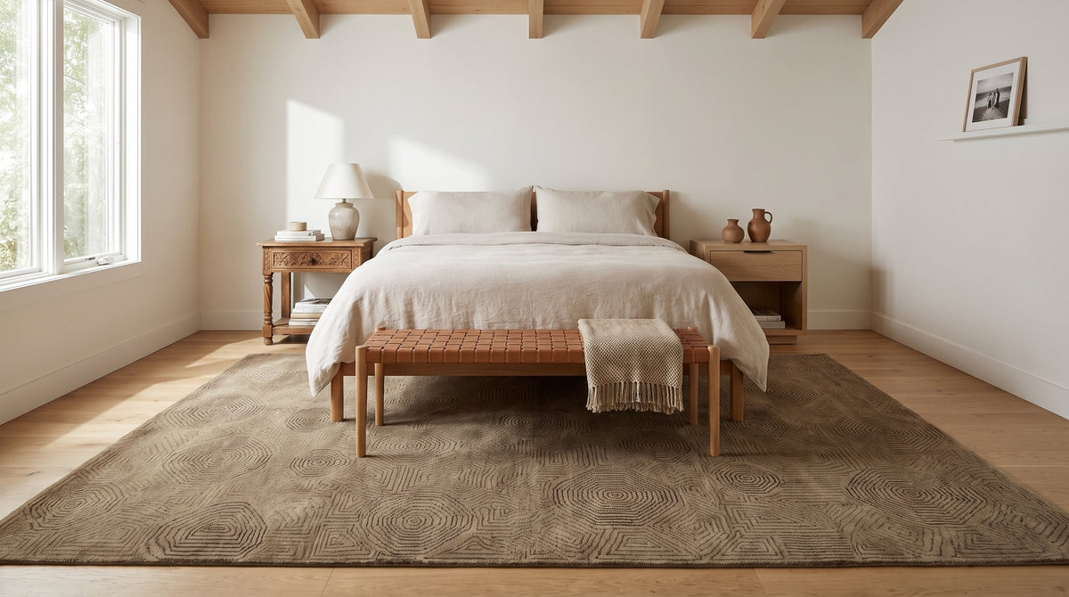 Exquisite Yara Brown Hand Knotted Wool Rug in a bedroom