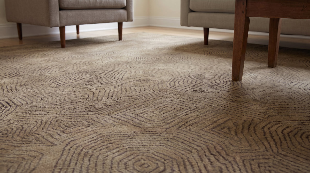Exquisite Yara Brown Hand Knotted Wool Rug in a living room