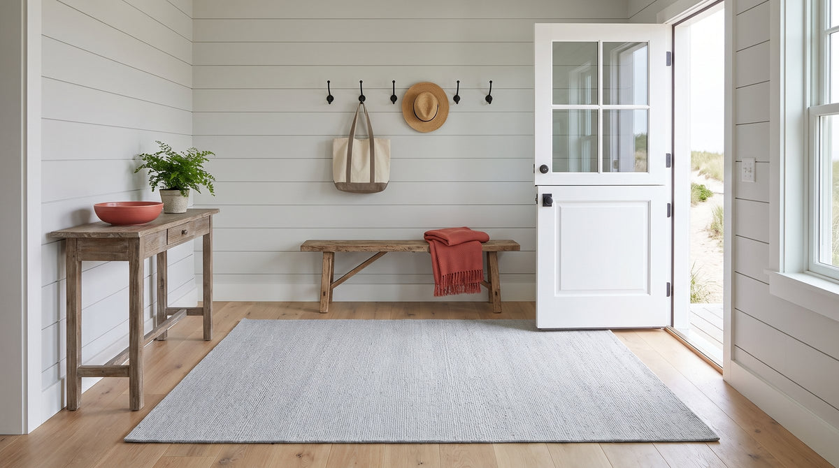 Fiona Rustic Ivory Flatweave Wool Rug in a entryway