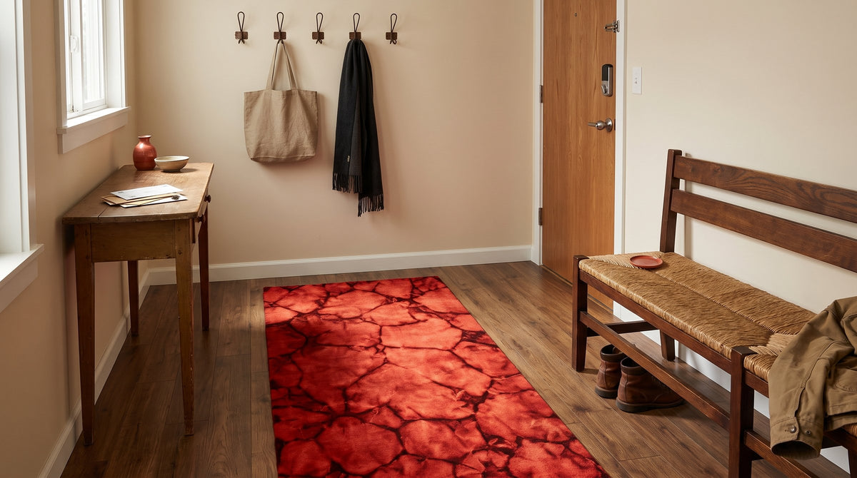Freya Charming Red Hand Knotted Wool Rug in a entryway