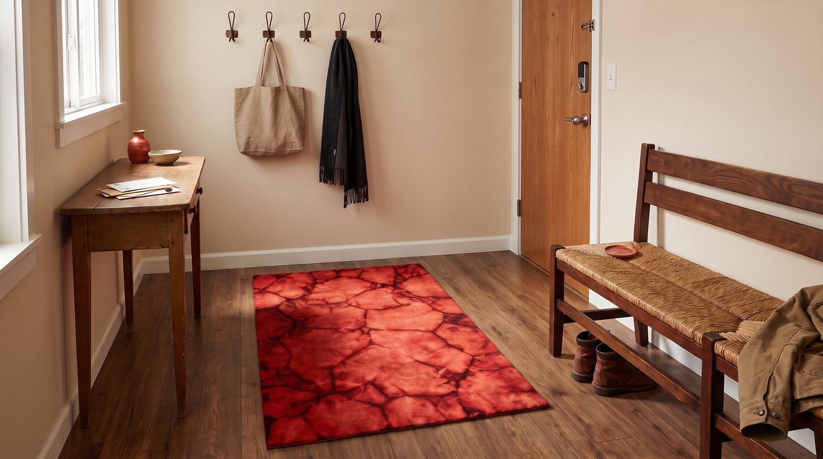 Freya Charming Red Hand Knotted Wool Rug in a entryway