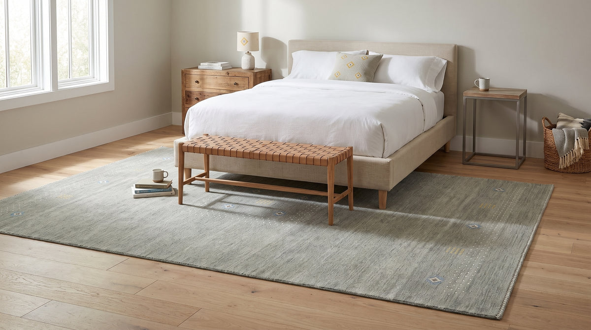 Freya Gabbeh Gray Handmade Wool Rug in a bedroom