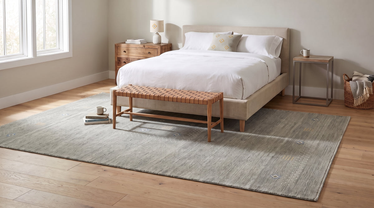 Freya Gabbeh Gray Handmade Wool Rug in a bedroom