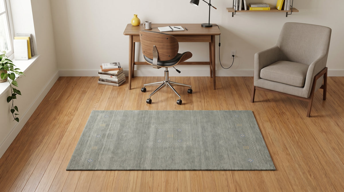 Freya Gabbeh Gray Handmade Wool Rug in a home office