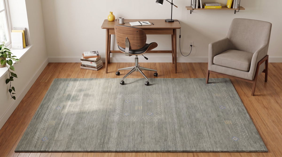 Freya Gabbeh Gray Handmade Wool Rug in a home office