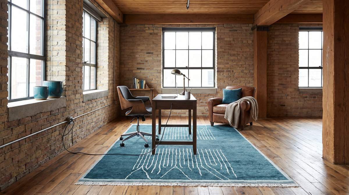 Freya Moroccan Green Hand Knotted Wool Rug in a home office