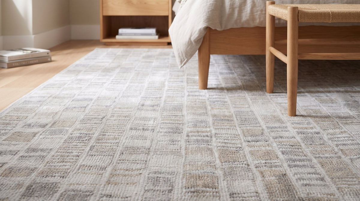 Freya Timeless Ivory Hand Knotted Wool Rug in a bedroom
