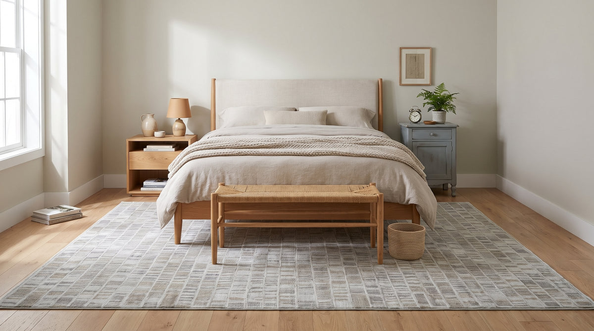 Freya Timeless Ivory Hand Knotted Wool Rug in a bedroom