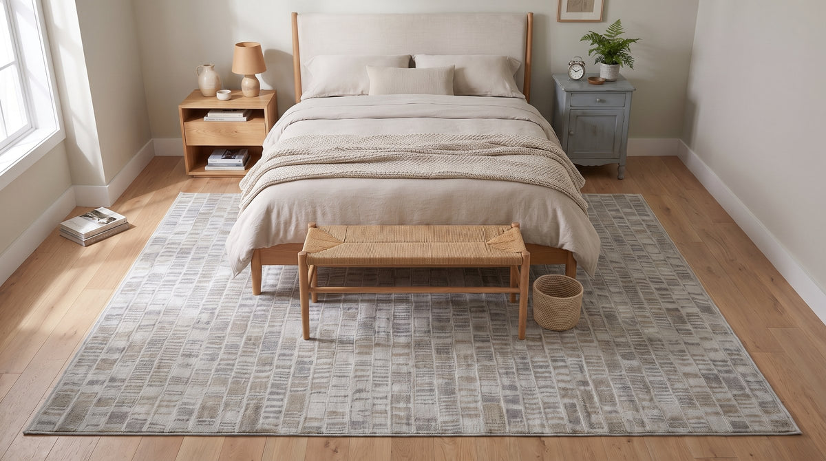 Freya Timeless Ivory Hand Knotted Wool Rug in a bedroom