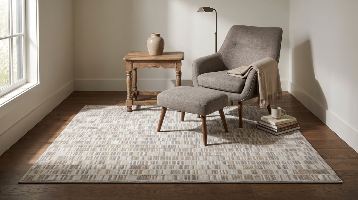Freya Timeless Ivory Hand Knotted Wool Rug in a reading nook