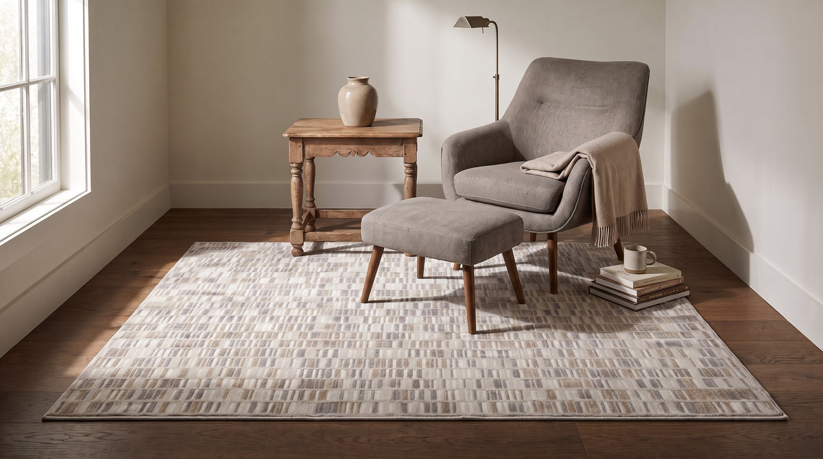 Freya Timeless Ivory Hand Knotted Wool Rug in a reading nook