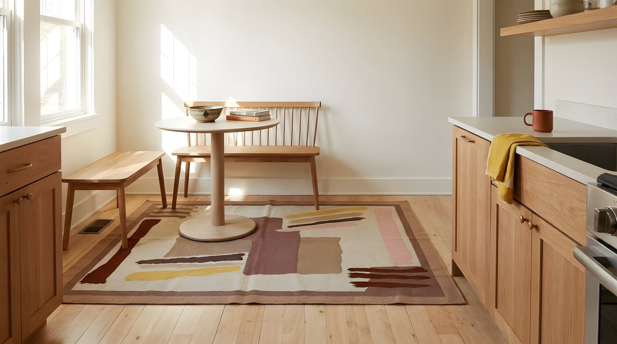 Freya Trendy Beige Flatweave Wool Rug in a kitchen