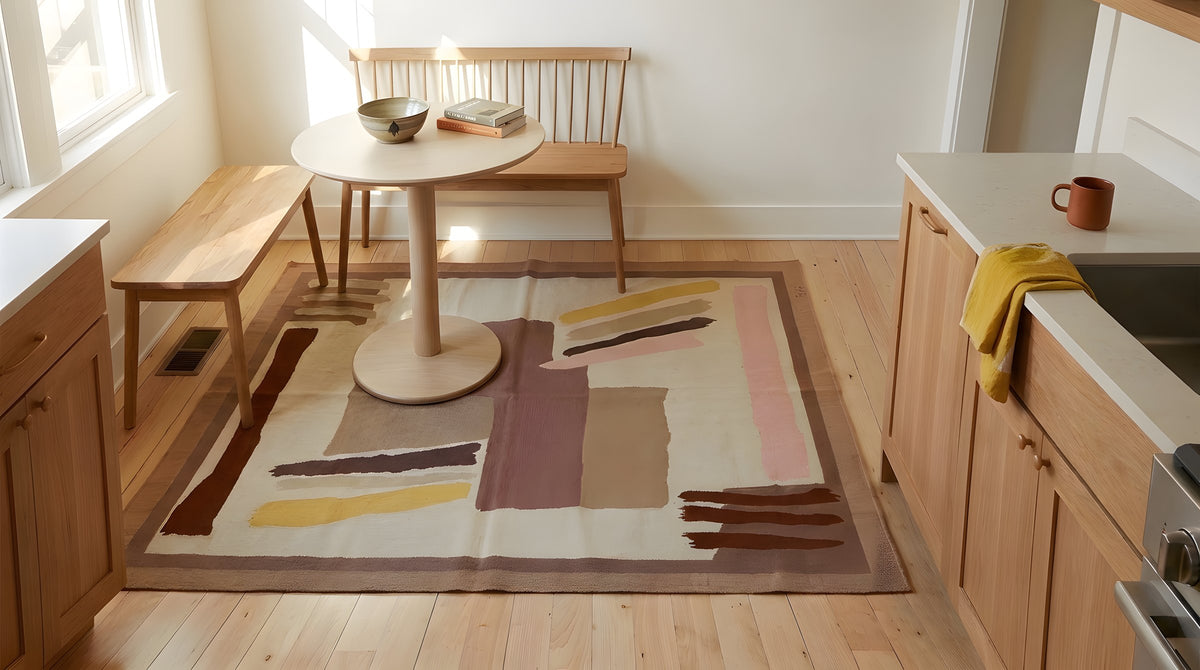 Freya Trendy Beige Flatweave Wool Rug in a kitchen