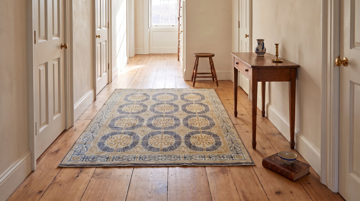 Giselle Exquisite Beige Hand Knotted Wool Rug in a hallway