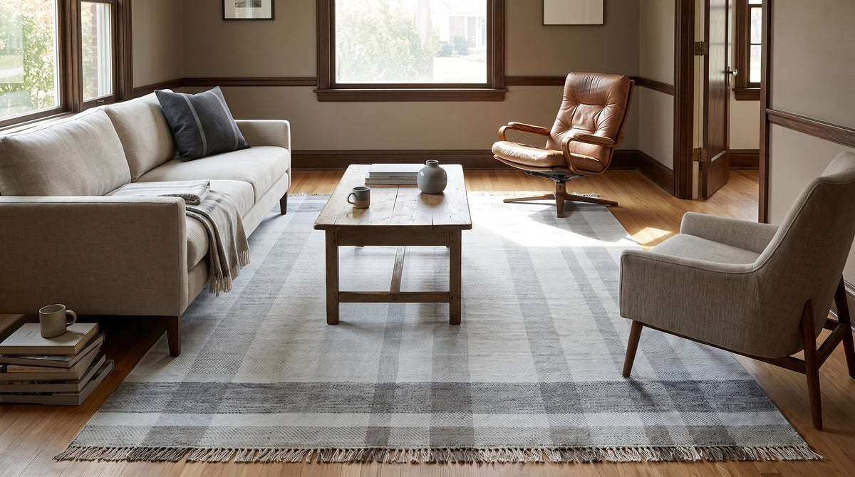 Giselle Serene Multicolor Flatweave Wool Rug in a living room