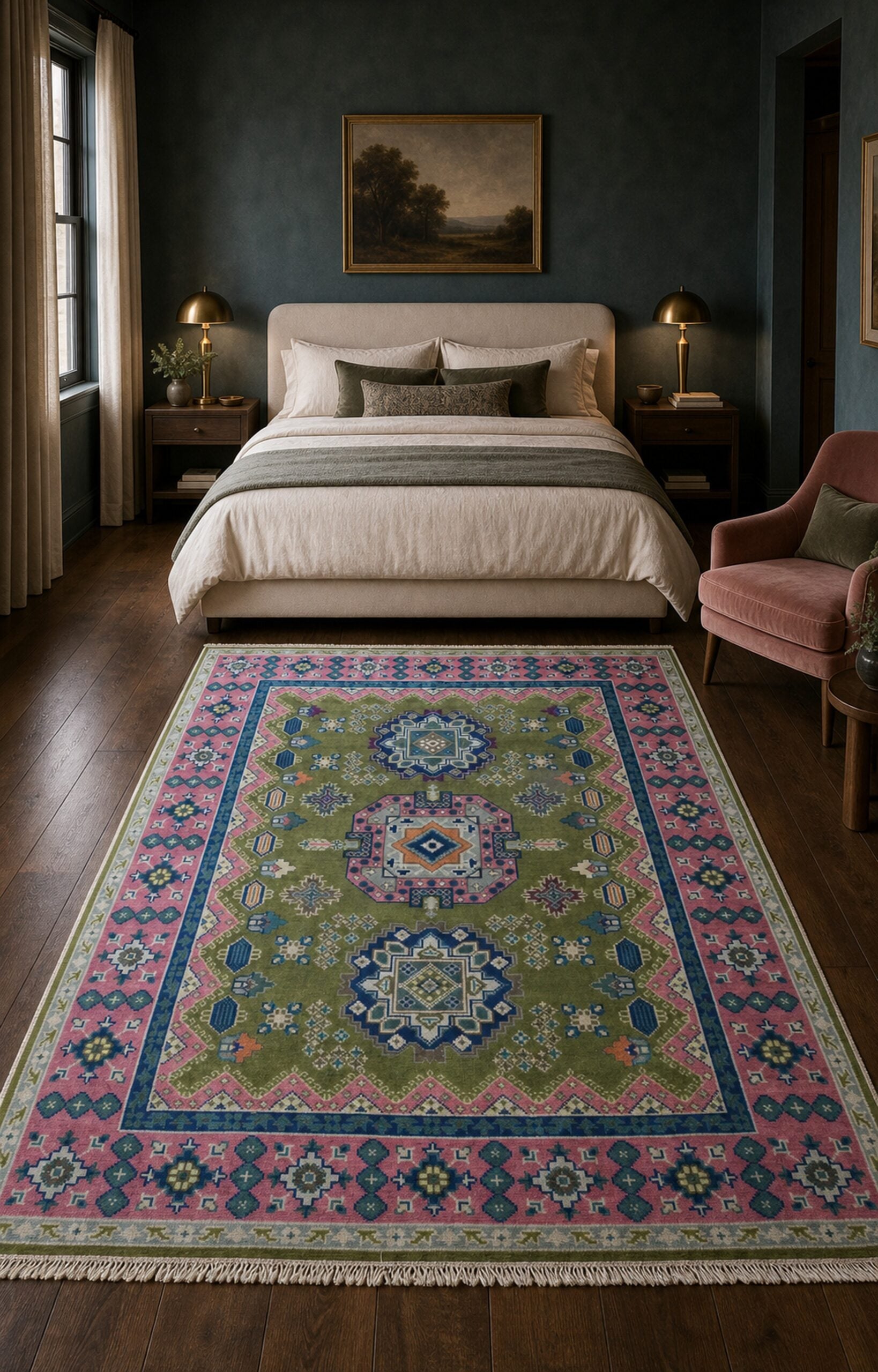 Green and fuchsia Kazak rug in a designer bedroom