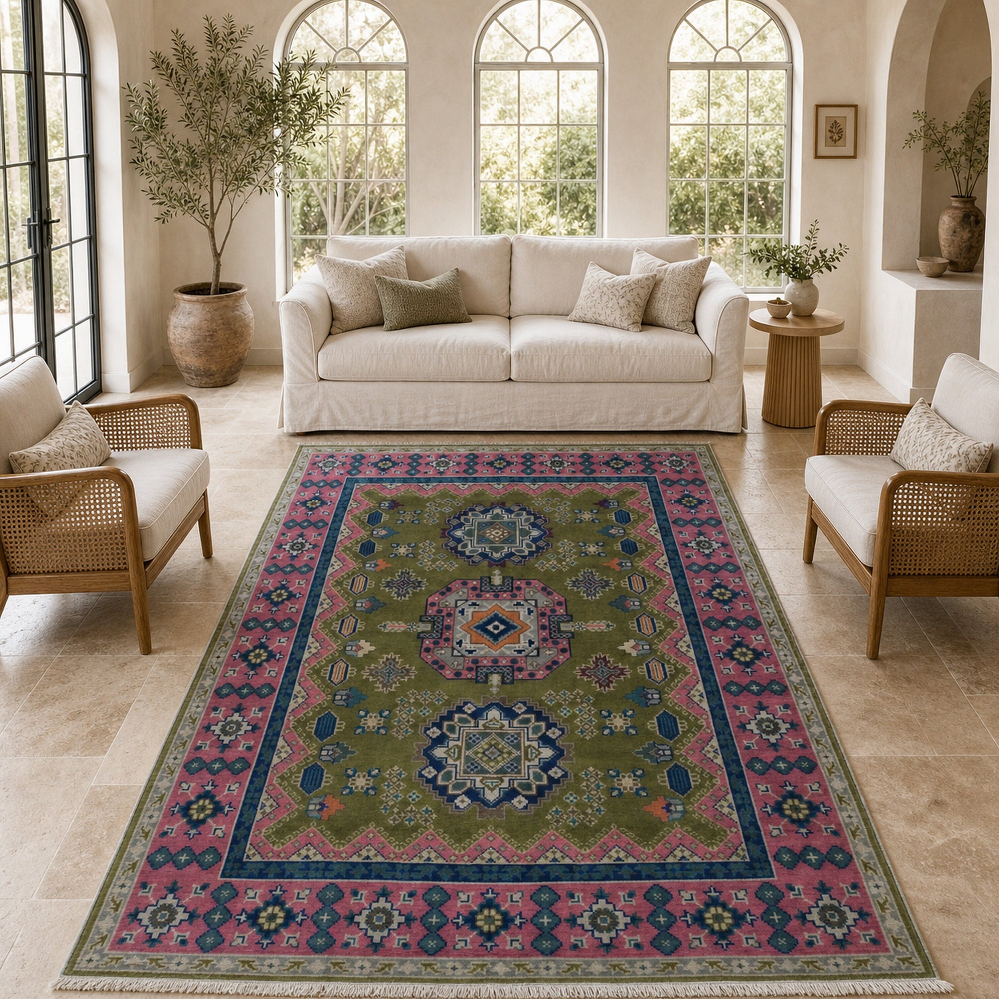 Green and fuchsia Kazak rug styled in a bright conservatory living room