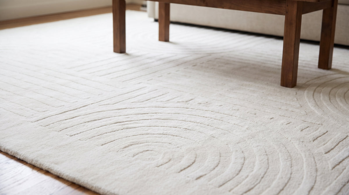 Handcrafted Artisan Ivory Hand Tufted Wool Rug in a living room