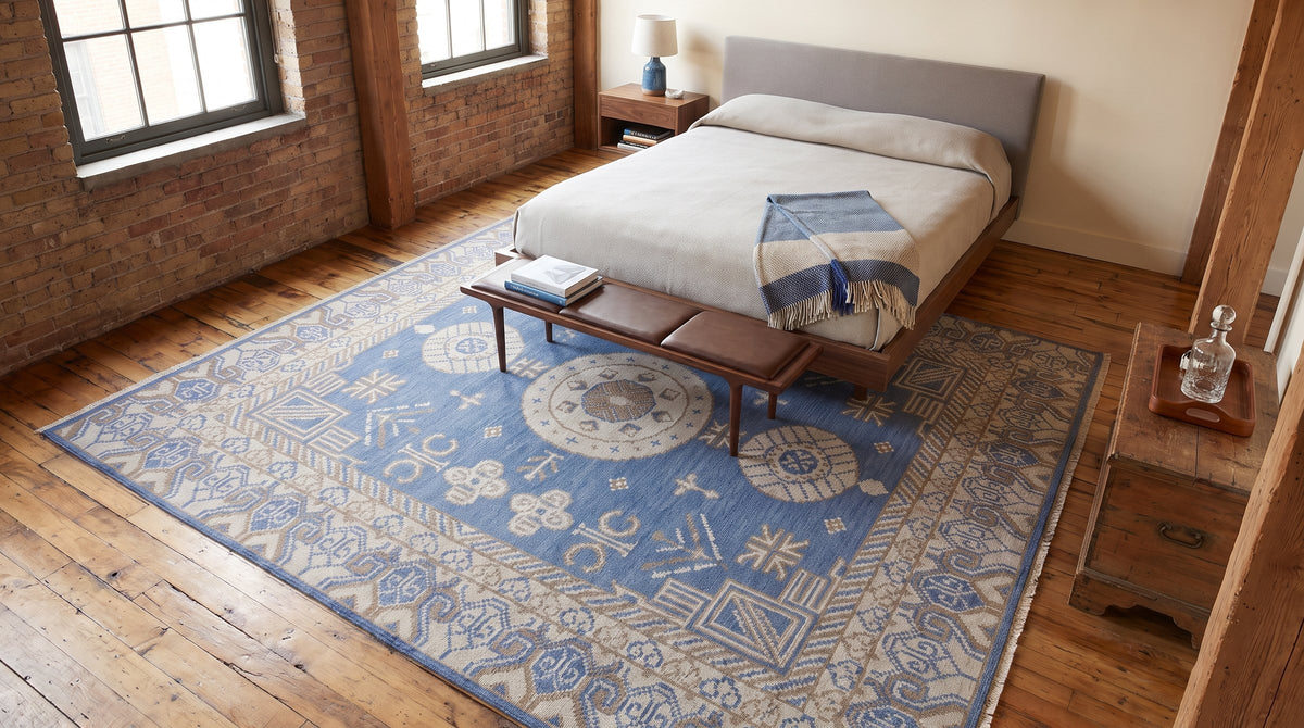 Handcrafted Traditional Blue Hand Knotted Wool Rug in a bedroom
