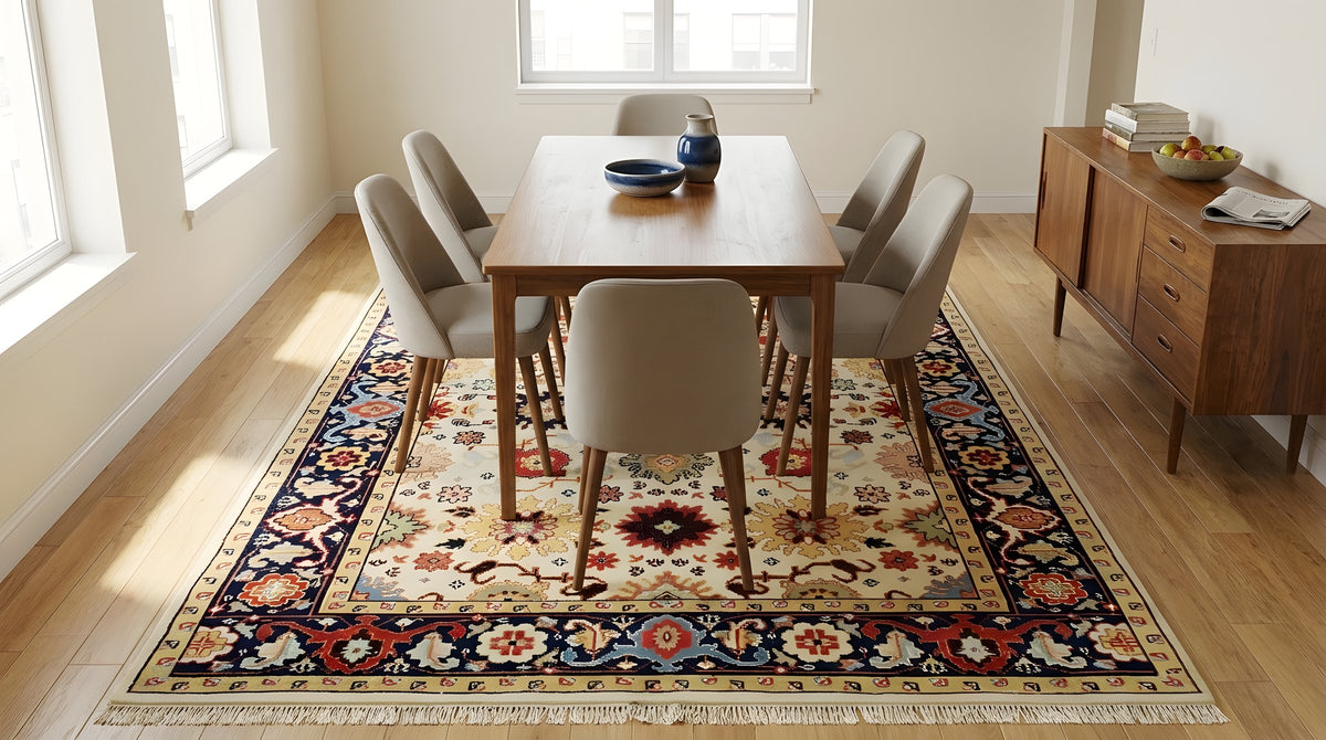 Handcrafted Xena Ivory Hand Knotted Wool Rug in a dining room