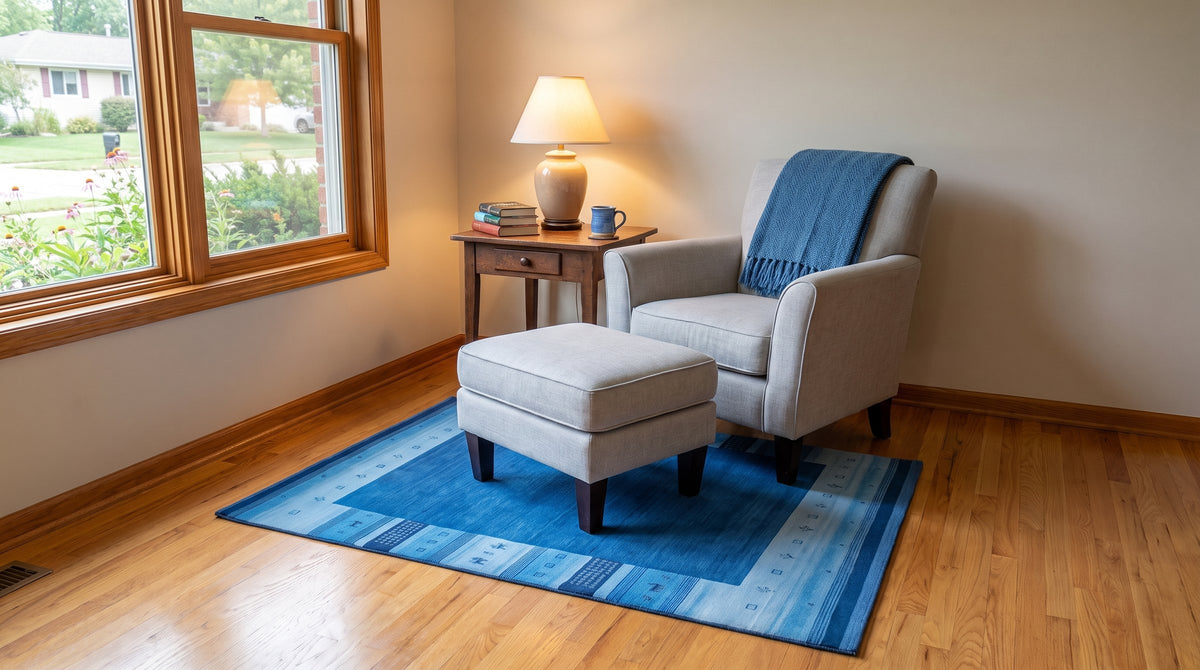 Handloomed Blue Gabbeh Tribal Wool Area Rug in a reading nook