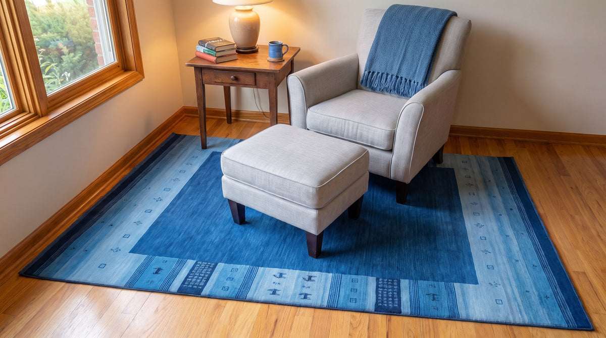Handloomed Blue Gabbeh Tribal Wool Area Rug in a reading nook