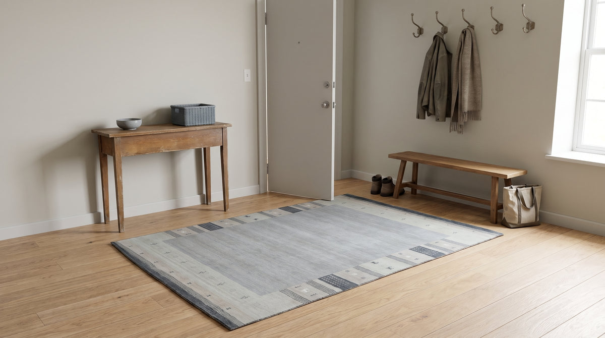 Handloomed Gray Gabbeh Tribal Wool Area Rug in a entryway