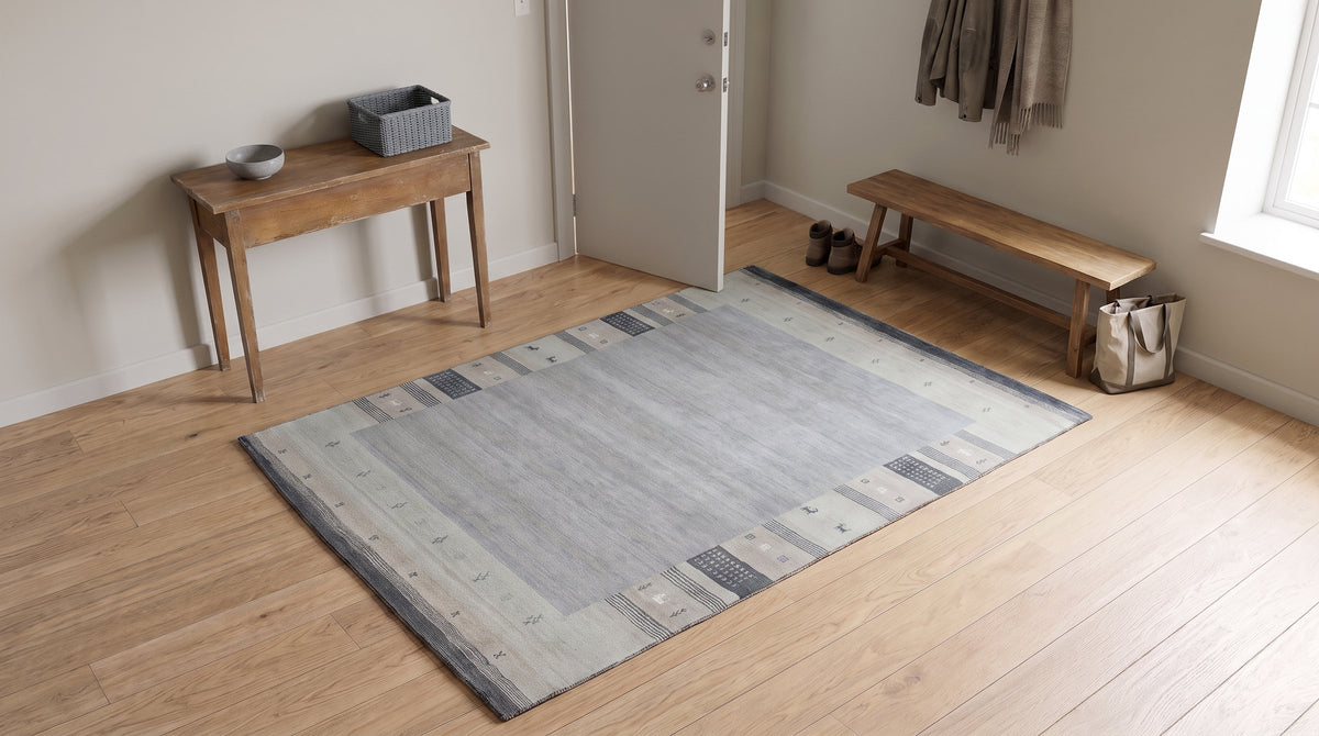 Handloomed Gray Gabbeh Tribal Wool Area Rug in a entryway