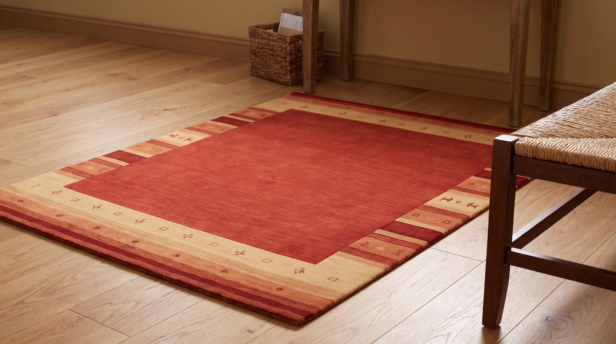 Handloomed Red Gabbeh Tribal Wool Area Rug in a entryway