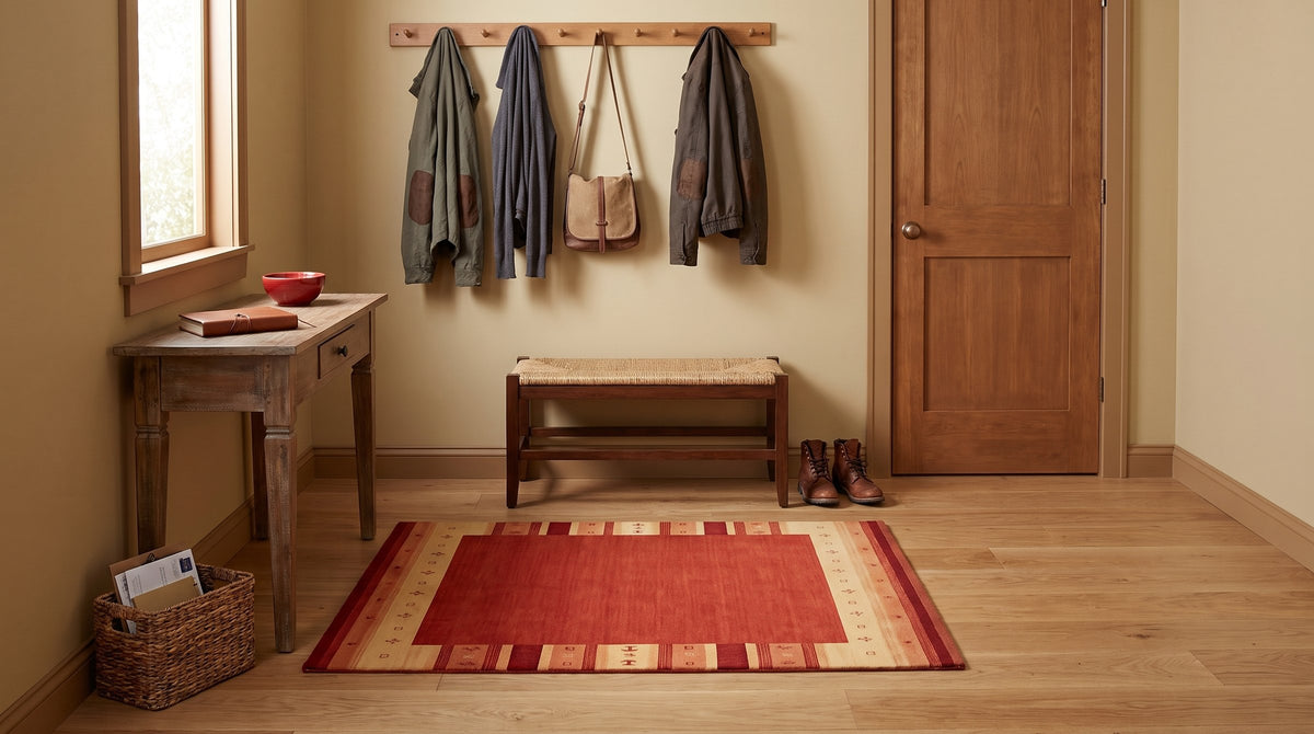 Handloomed Red Gabbeh Tribal Wool Area Rug in a entryway