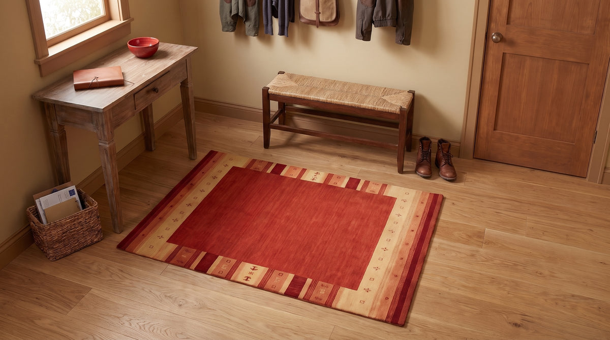 Handloomed Red Gabbeh Tribal Wool Area Rug in a entryway