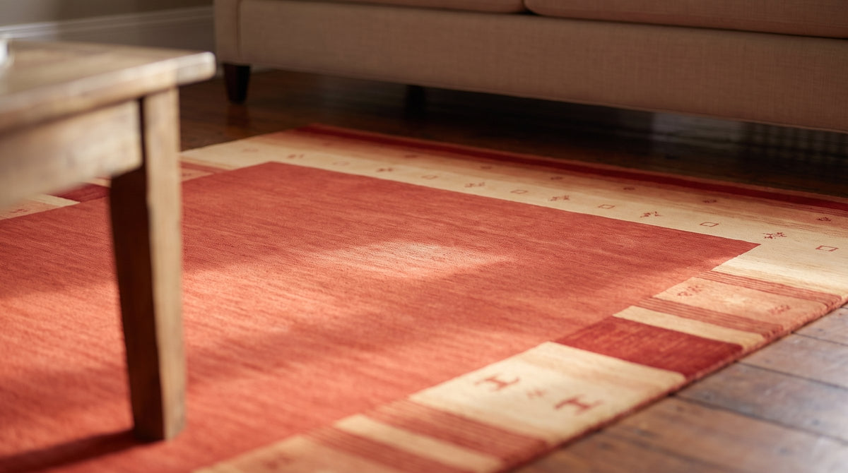 Handloomed Red Gabbeh Tribal Wool Area Rug in a living room