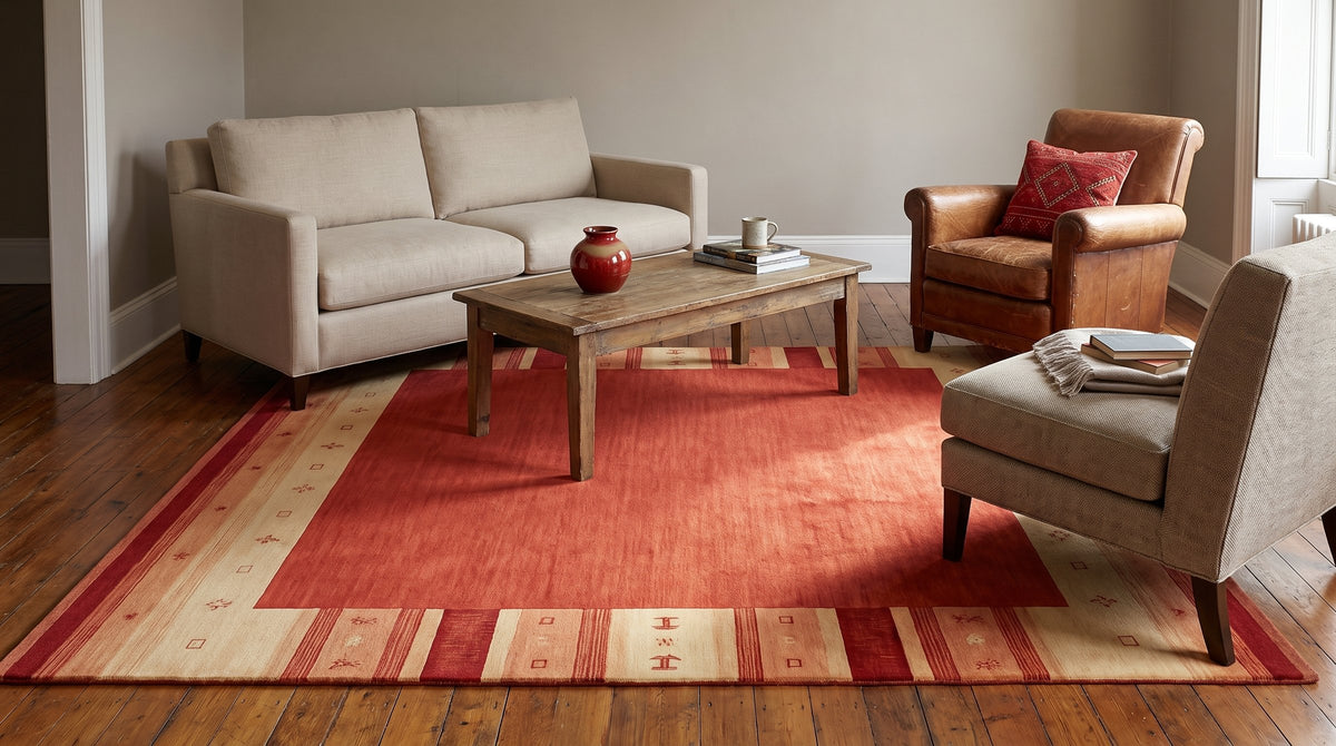 Handloomed Red Gabbeh Tribal Wool Area Rug in a living room