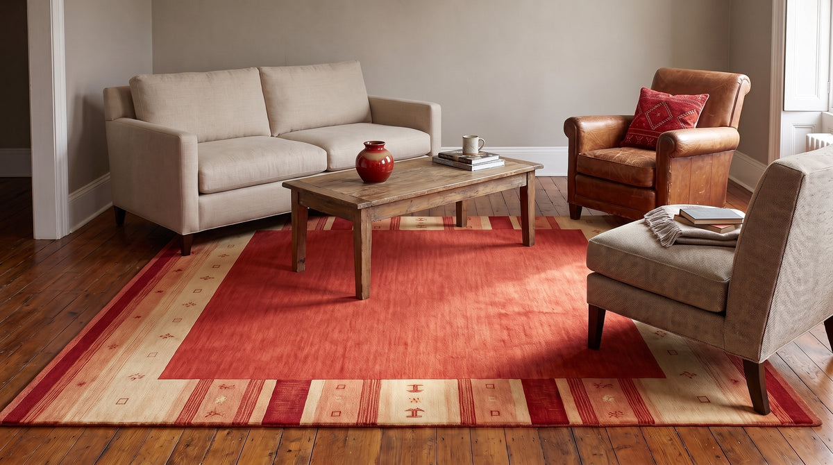 Handloomed Red Gabbeh Tribal Wool Area Rug in a living room