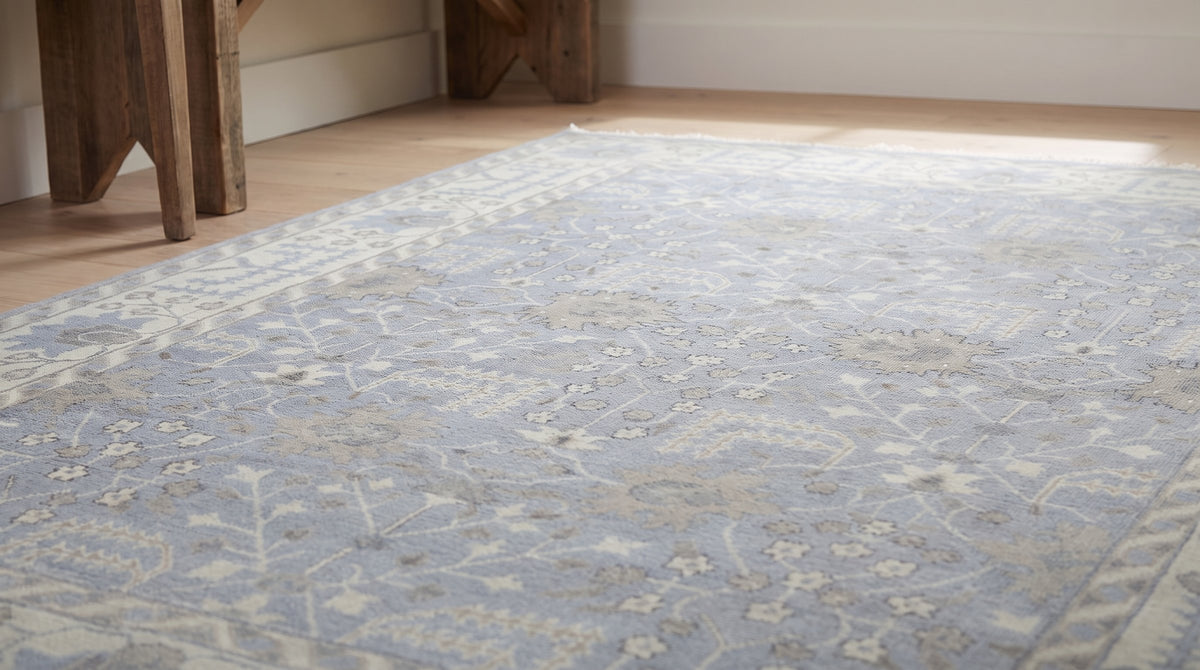 Harlow Traditional Blue and Gray Hand Knotted Wool Rug in a entryway