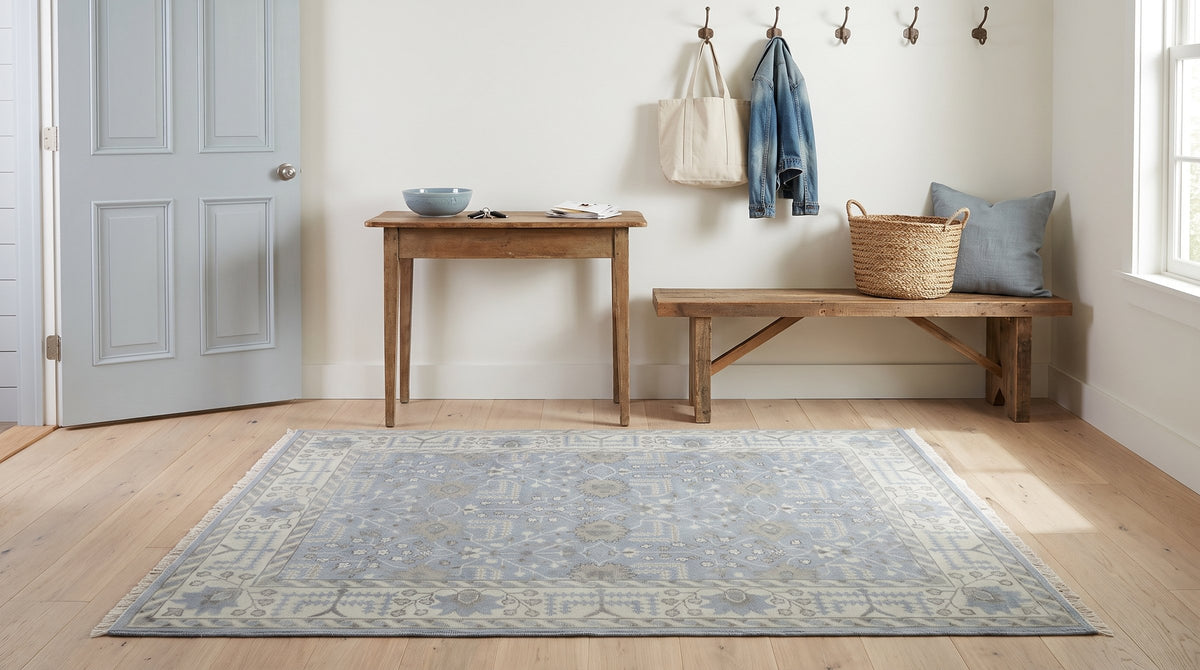 Harlow Traditional Blue and Gray Hand Knotted Wool Rug in a entryway