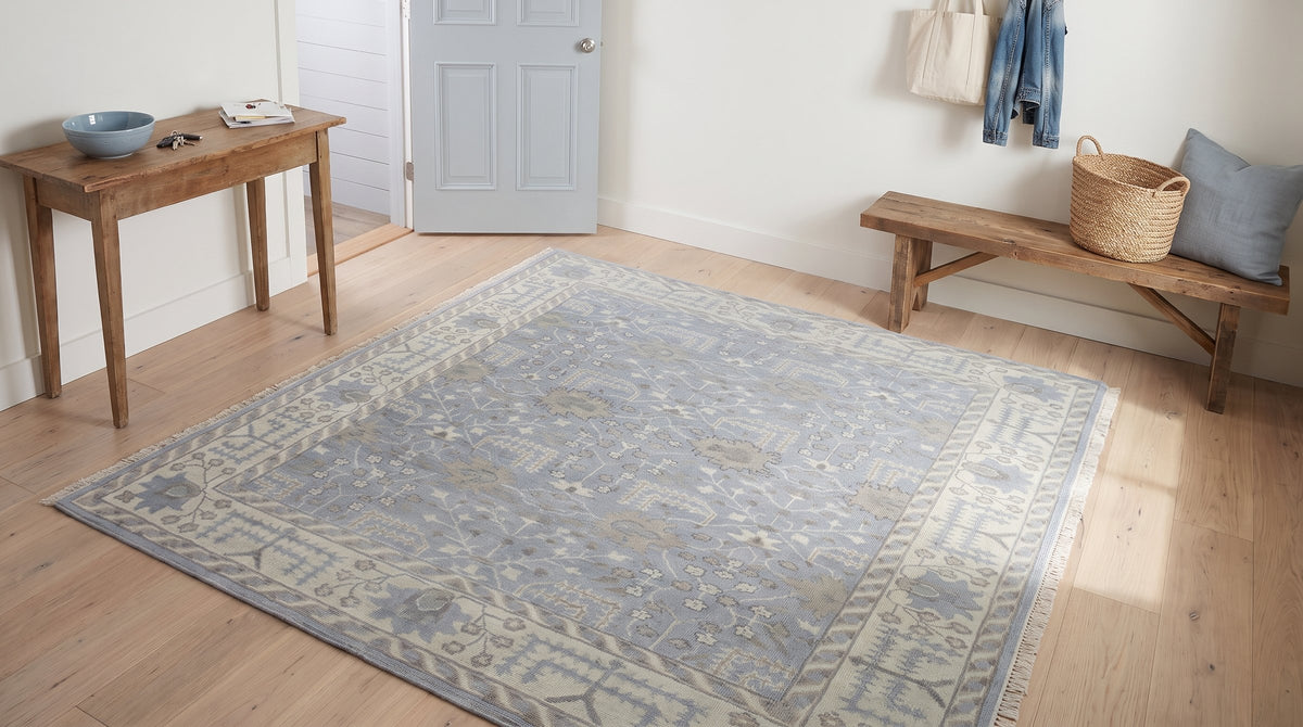 Harlow Traditional Blue and Gray Hand Knotted Wool Rug in a entryway