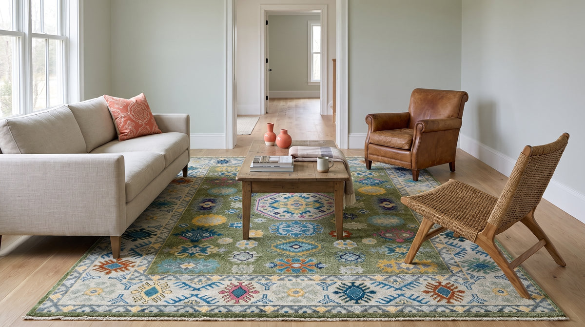Inviting Kazak Light Green Hand Knotted Wool Rug in a living room